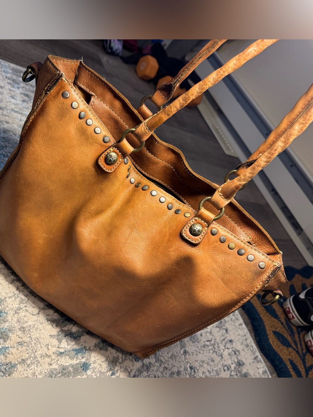 Patricia Nash Cognac Leather Stud-Trim Shoulder Tote